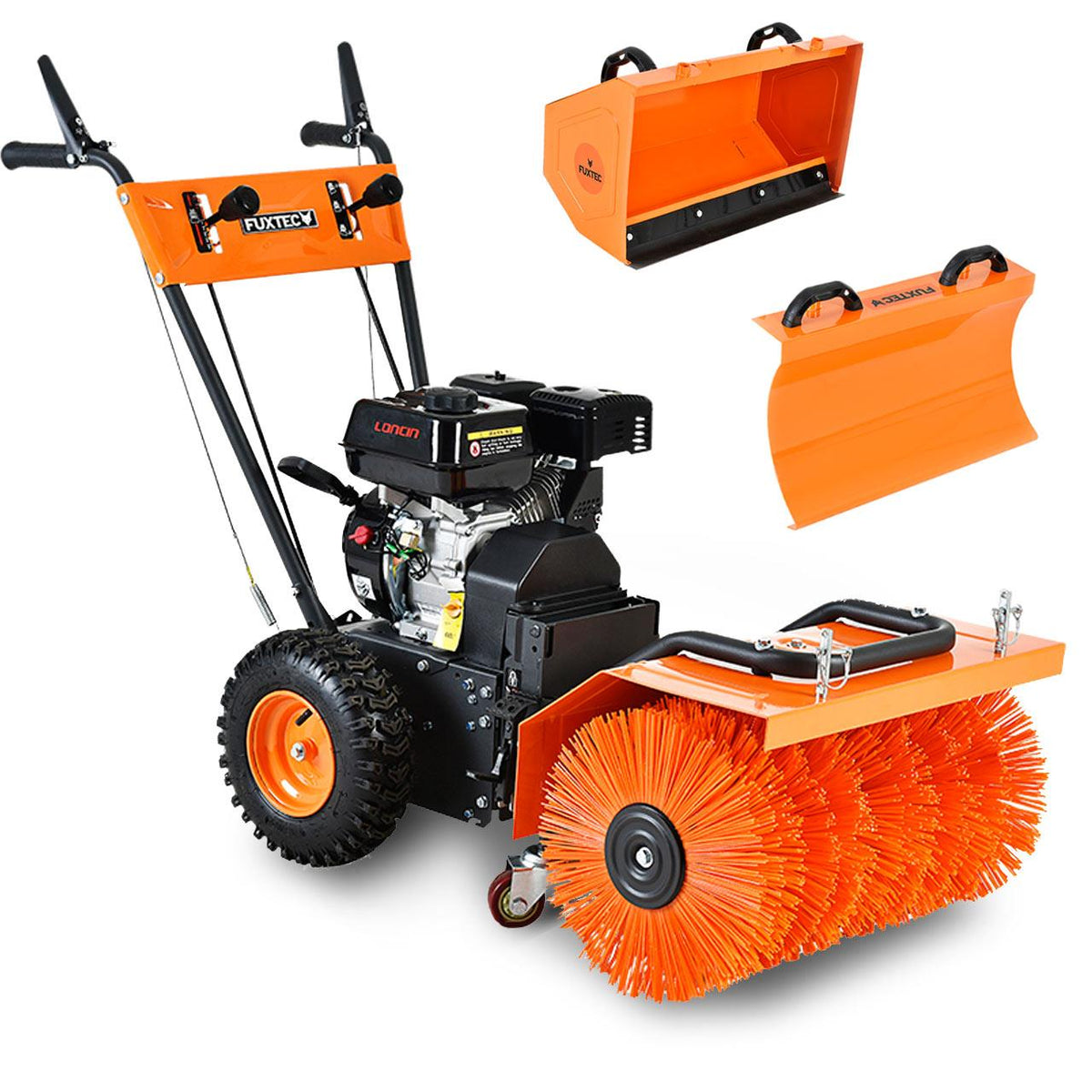 Bild 1 B-WARE FUXTEC Benzin Kehrmaschine Set FX-KM196-SET3 mit Schneeschild und Kehrgutsammelbehälter