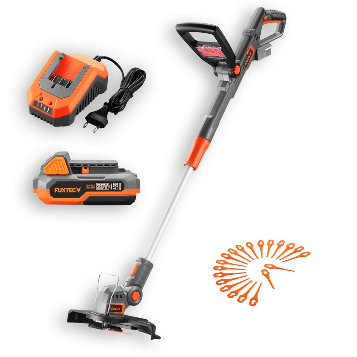 FUXTEC 20V Akku-Rasentrimmer FX-E1RT20 mit Akku, Ladegerät und Ersatzmessern